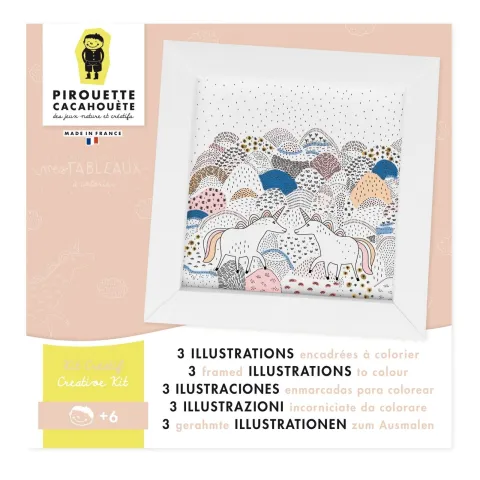 Kit créatif - 3 Illustrations Licorne encadrées à colorier - Pirouette Cacahouète
