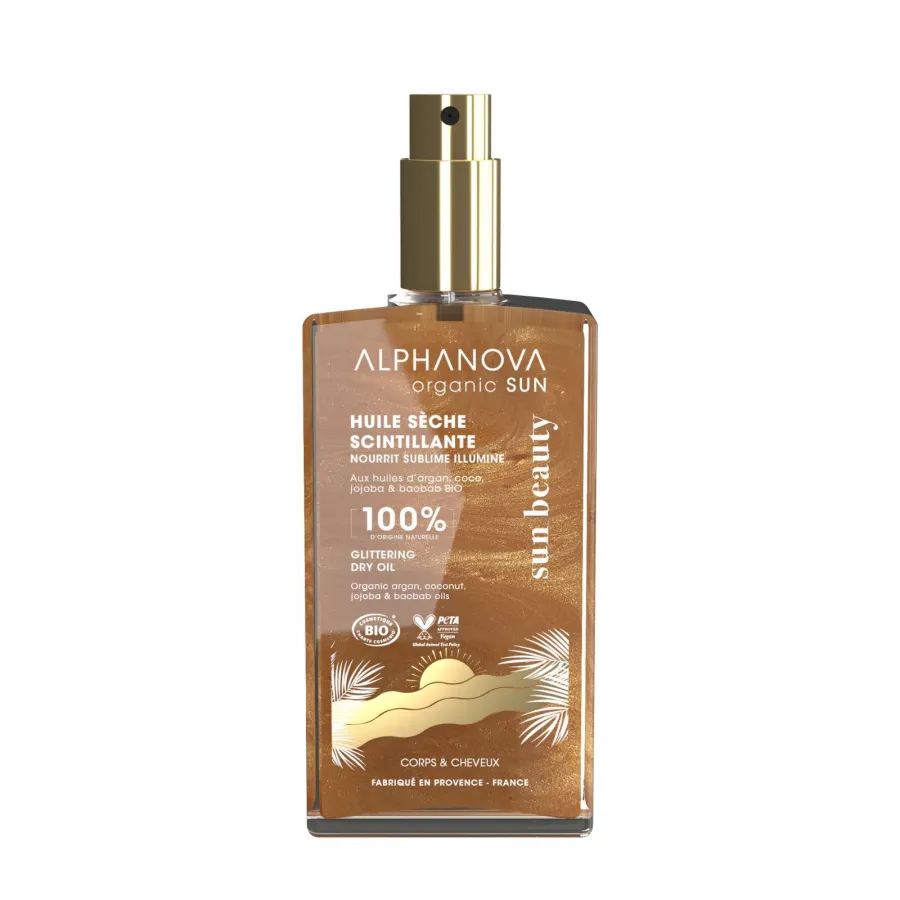 Huile sèche scintillante au monoï de Tahiti - Alphanova Organic Sun